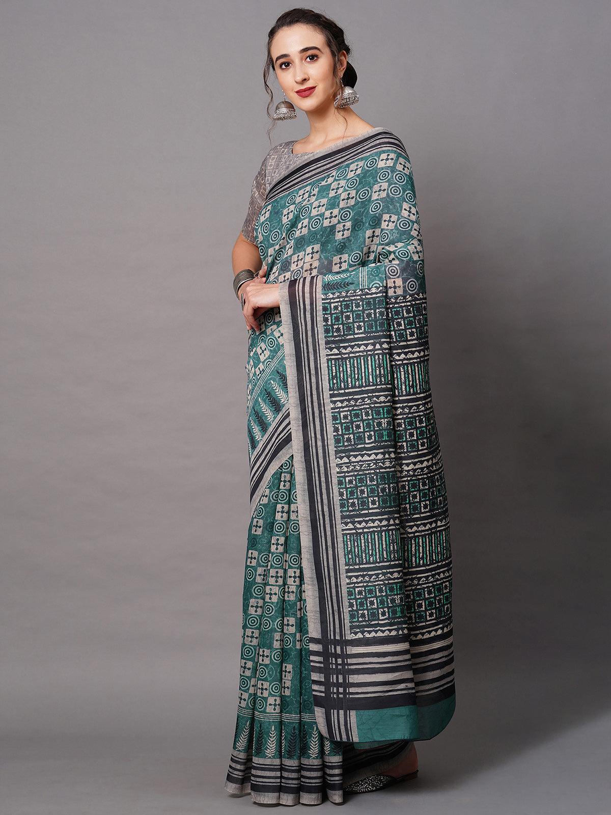 Teal Blue Festive Bhagalpuri Silk Printed Saree With Unstitched Blouse - Odette