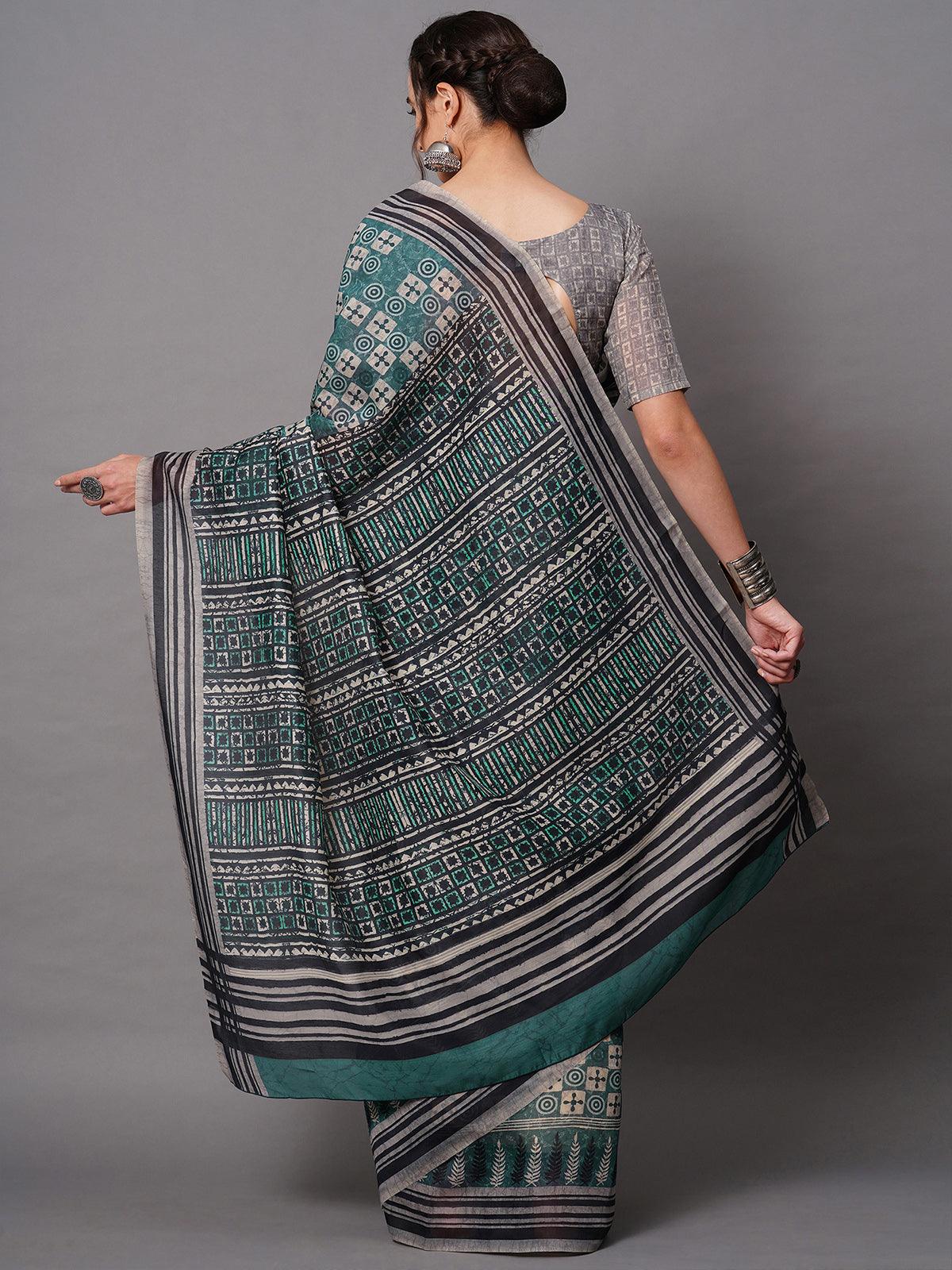 Teal Blue Festive Bhagalpuri Silk Printed Saree With Unstitched Blouse - Odette