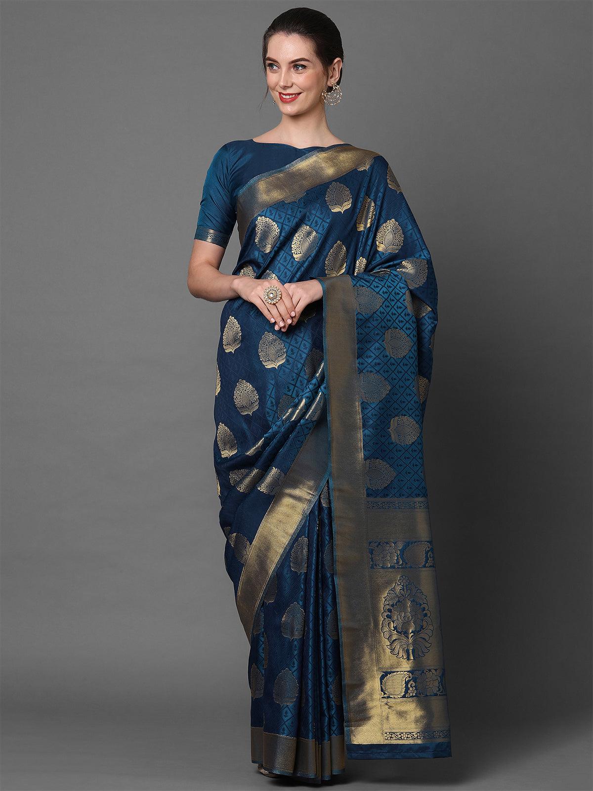 Teal Blue Festive Kanjivaram silk Woven Design Saree With Unstitched Blouse - Odette