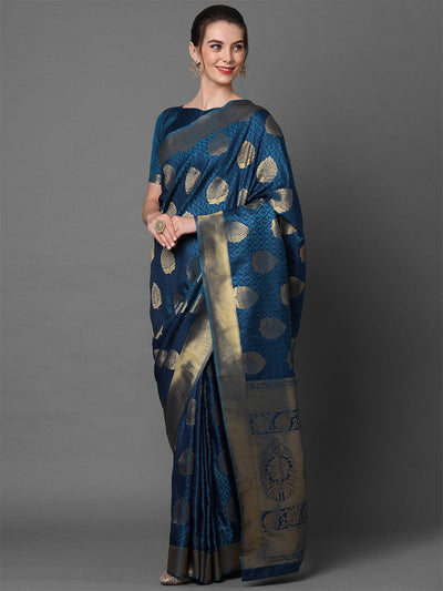 Teal Blue Festive Kanjivaram silk Woven Design Saree With Unstitched Blouse - Odette