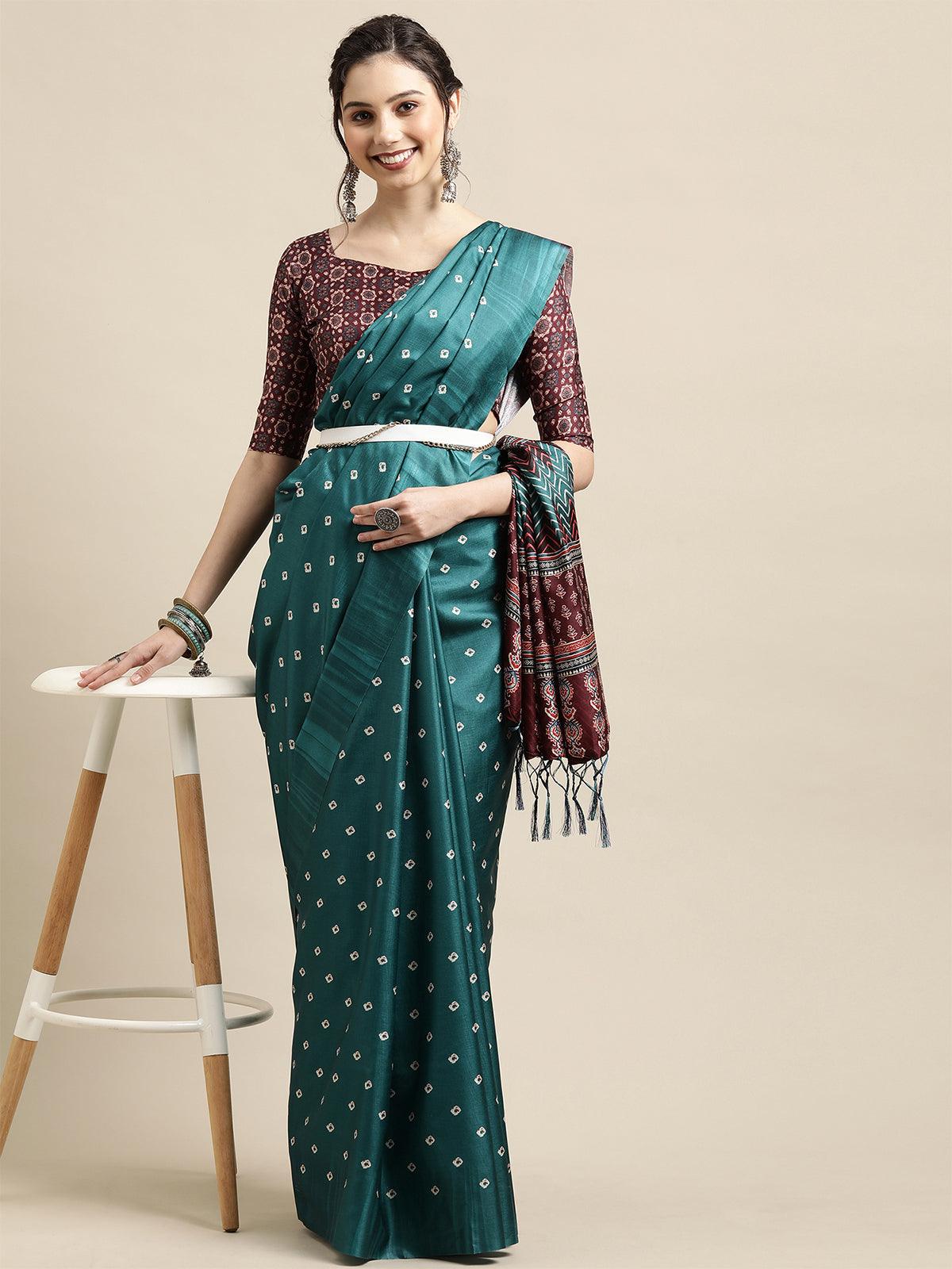 Teal blue Festive Silk Blend Printed Saree With Unstitched Blouse - Odette