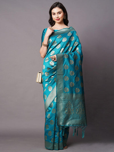 Teal Blue Festive Silk Blend Woven Design Saree With Unstitched Blouse - Odette