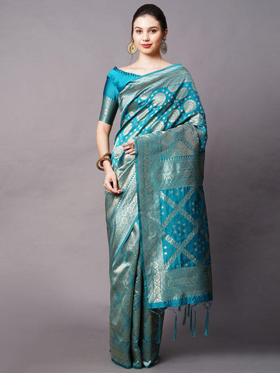 Teal Blue Festive Silk Blend Woven Design Saree With Unstitched Blouse - Odette