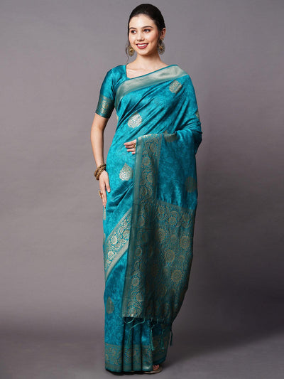 Teal Blue Festive Silk Blend Woven Design Saree With Unstitched Blouse - Odette