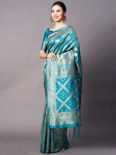 Teal Blue Festive Silk Blend Woven Design Saree With Unstitched Blouse - Odette