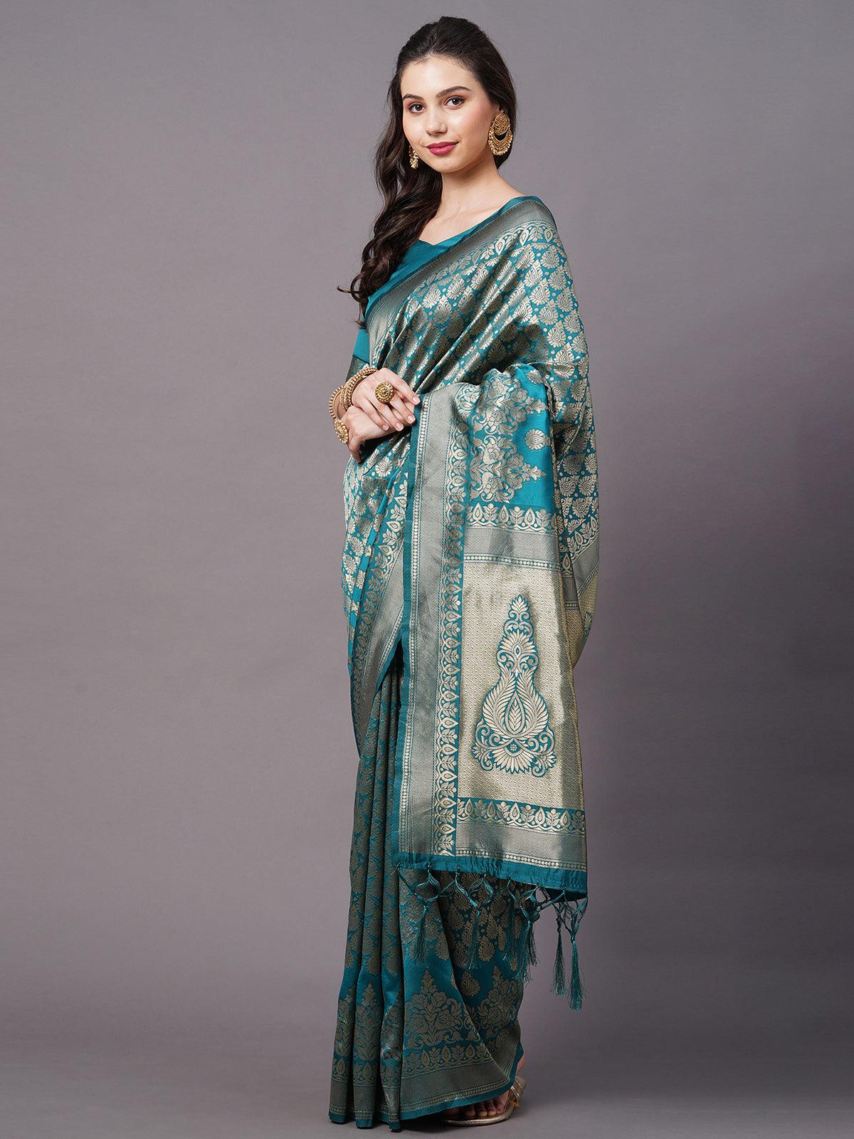 Teal blue Festive Silk Blend Woven Design Saree With Unstitched Blouse - Odette