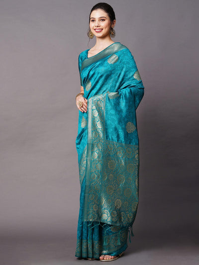 Teal Blue Festive Silk Blend Woven Design Saree With Unstitched Blouse - Odette