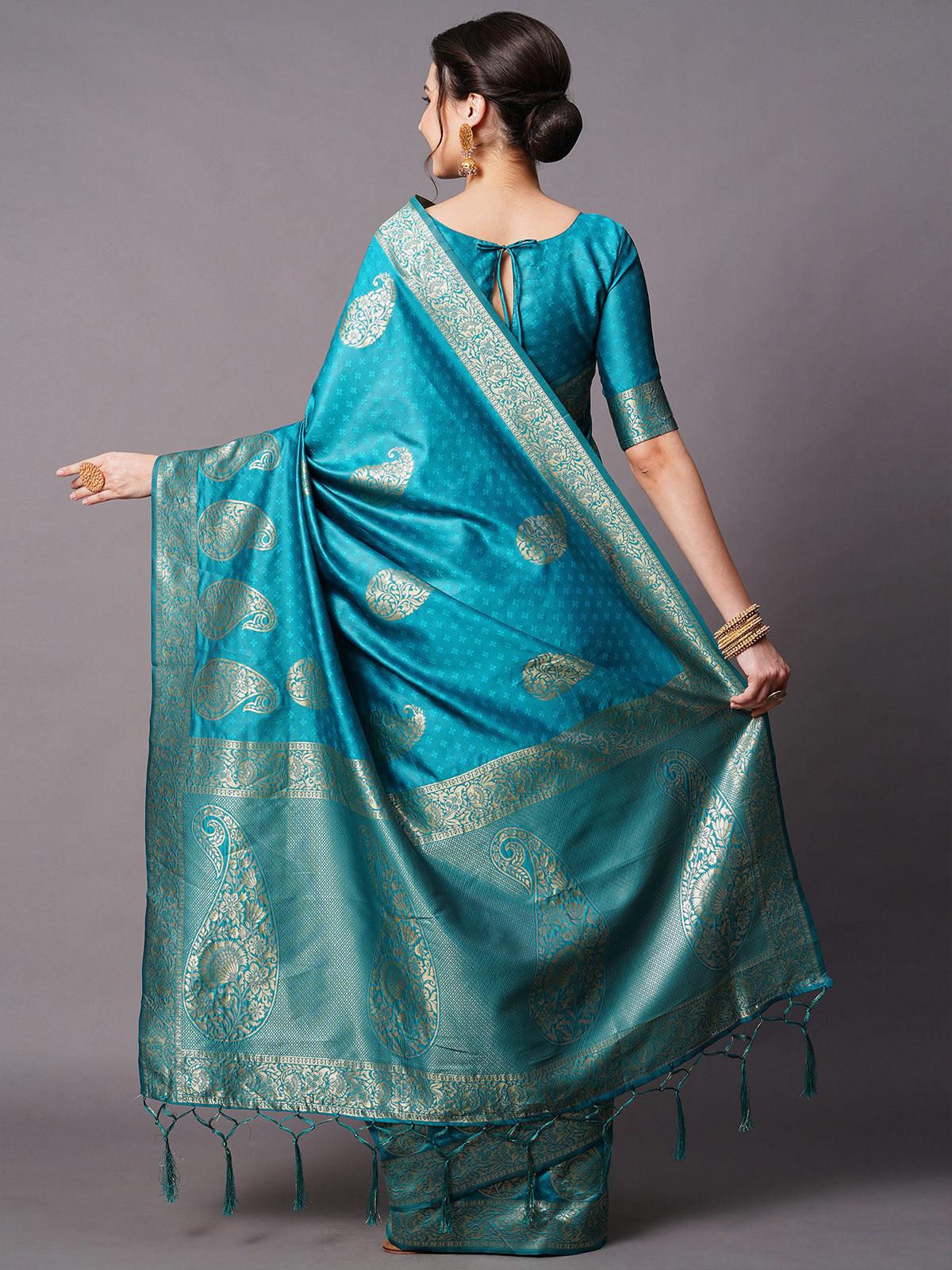 Teal Blue Festive Silk Blend Woven Design Saree With Unstitched Blouse - Odette