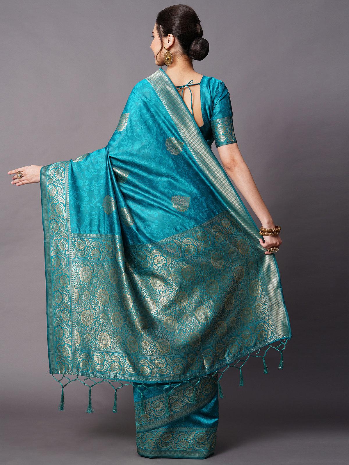 Teal Blue Festive Silk Blend Woven Design Saree With Unstitched Blouse - Odette