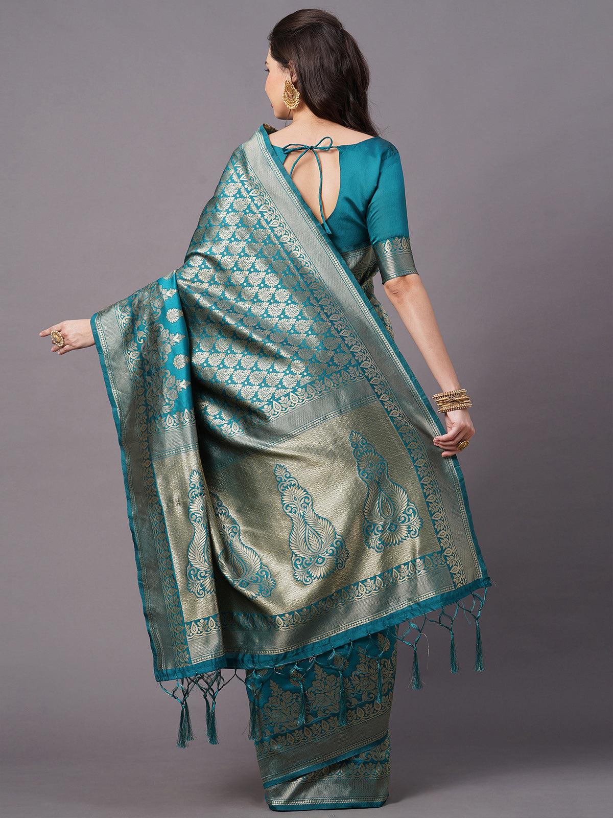 Teal blue Festive Silk Blend Woven Design Saree With Unstitched Blouse - Odette