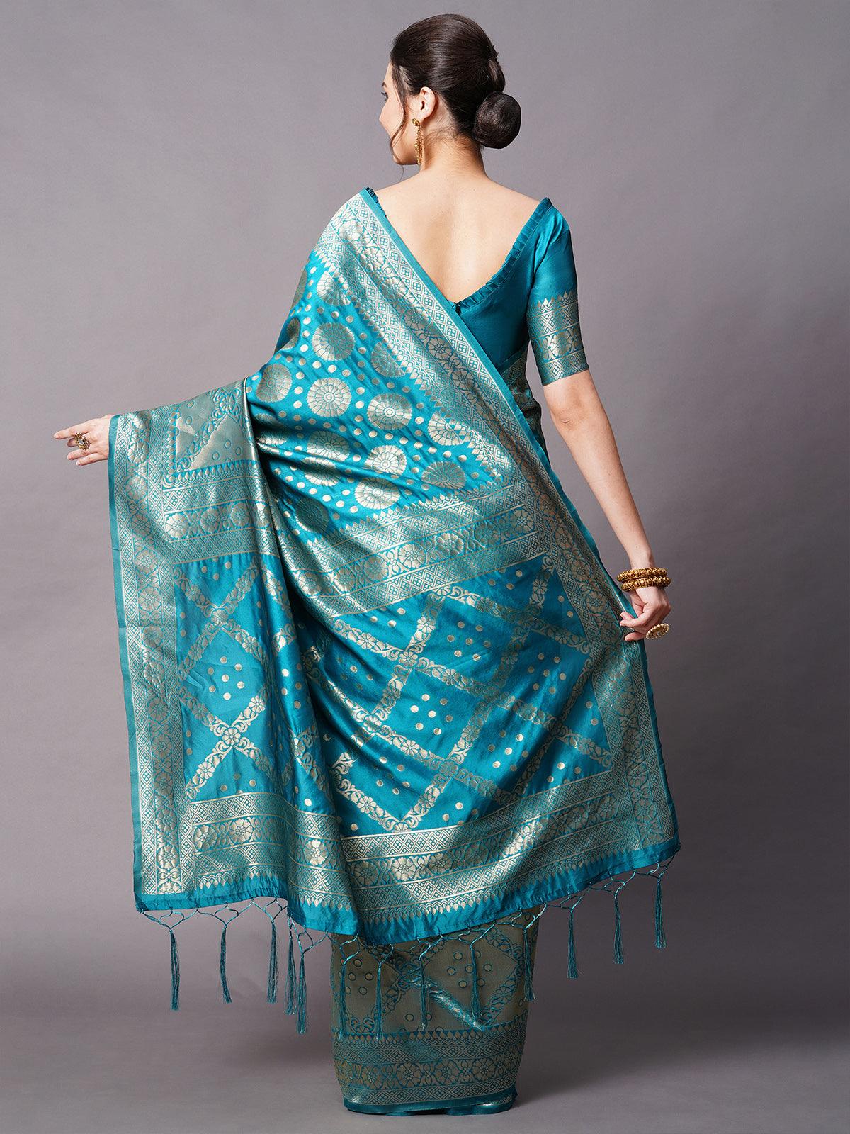 Teal Blue Festive Silk Blend Woven Design Saree With Unstitched Blouse - Odette