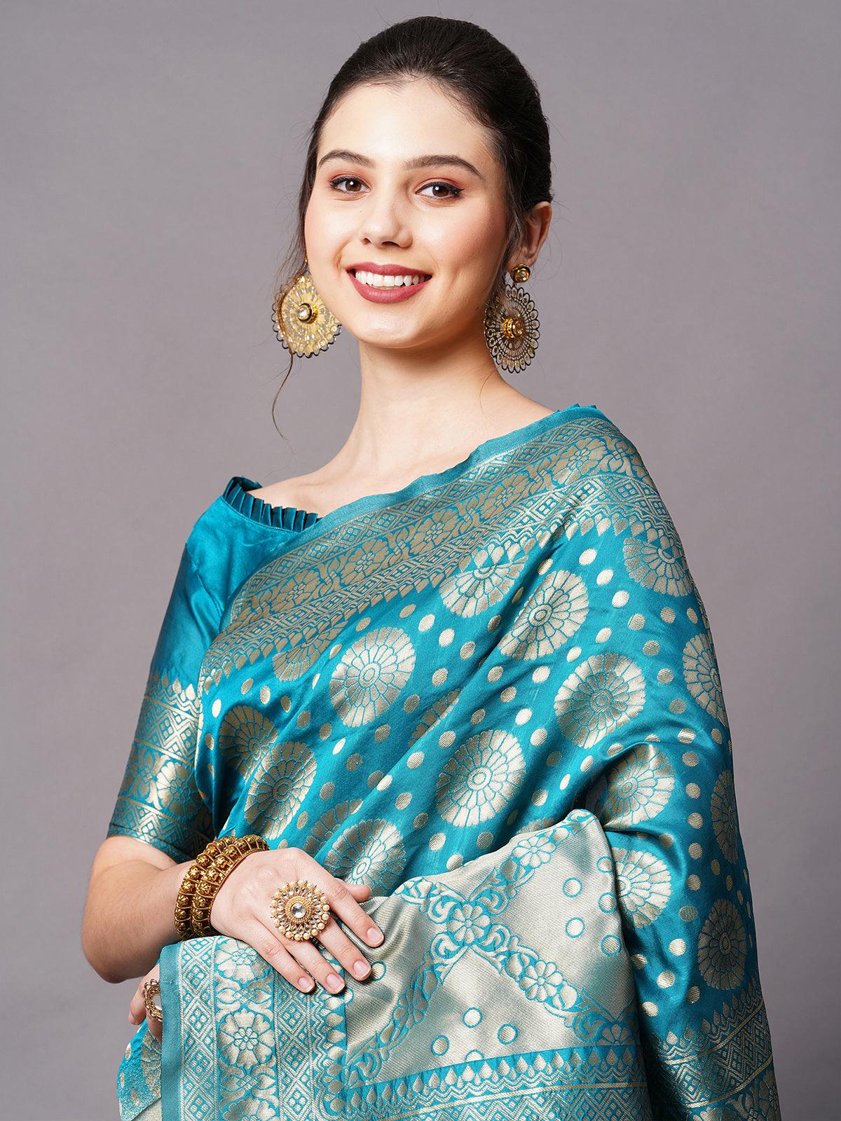 Teal Blue Festive Silk Blend Woven Design Saree With Unstitched Blouse - Odette