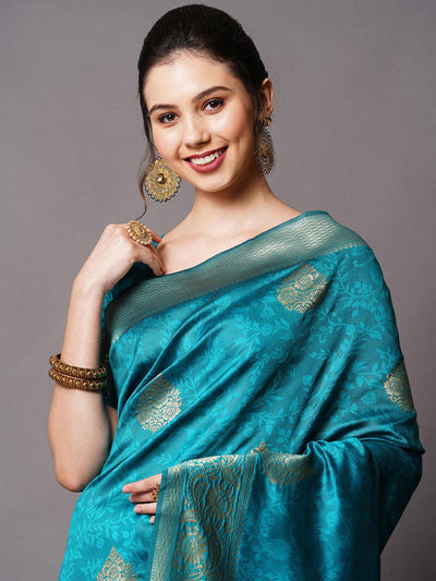 Teal Blue Festive Silk Blend Woven Design Saree With Unstitched Blouse - Odette