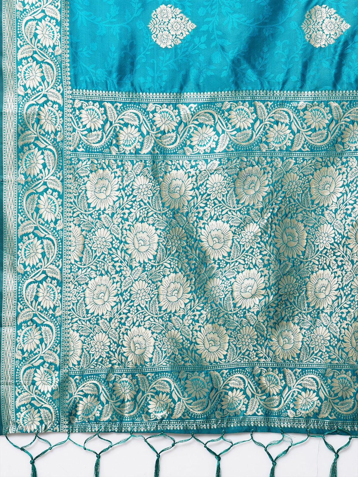 Teal Blue Festive Silk Blend Woven Design Saree With Unstitched Blouse - Odette