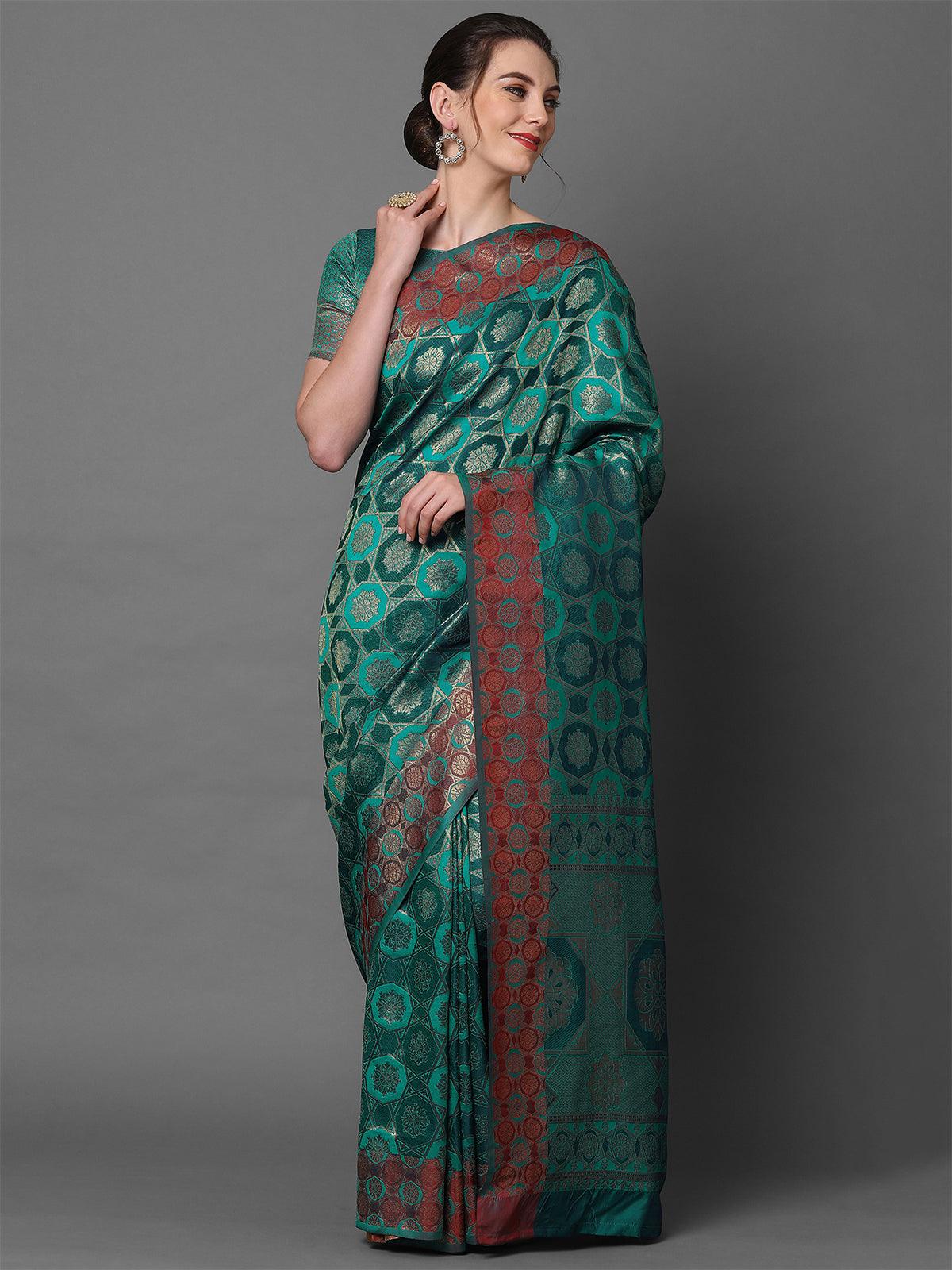 Teal Blue Party Wear Pure Satin Woven Design Saree With Unstitched Blouse - Odette