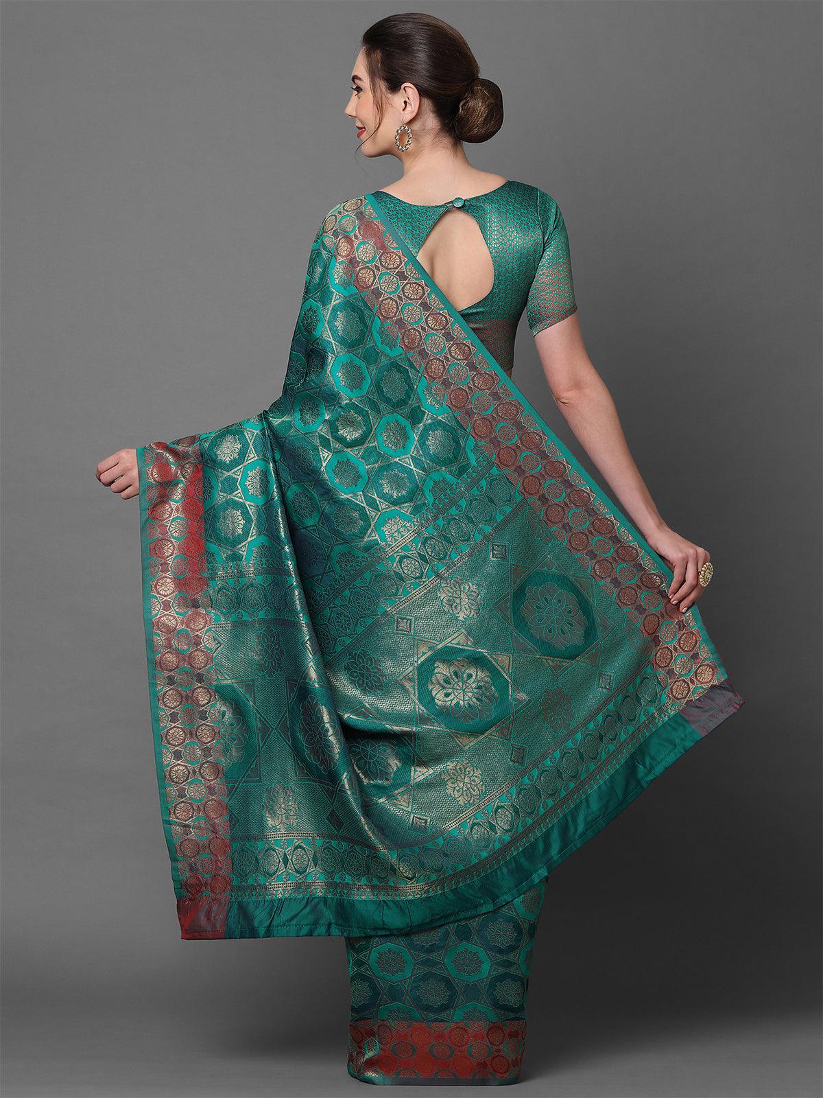 Teal Blue Party Wear Pure Satin Woven Design Saree With Unstitched Blouse - Odette