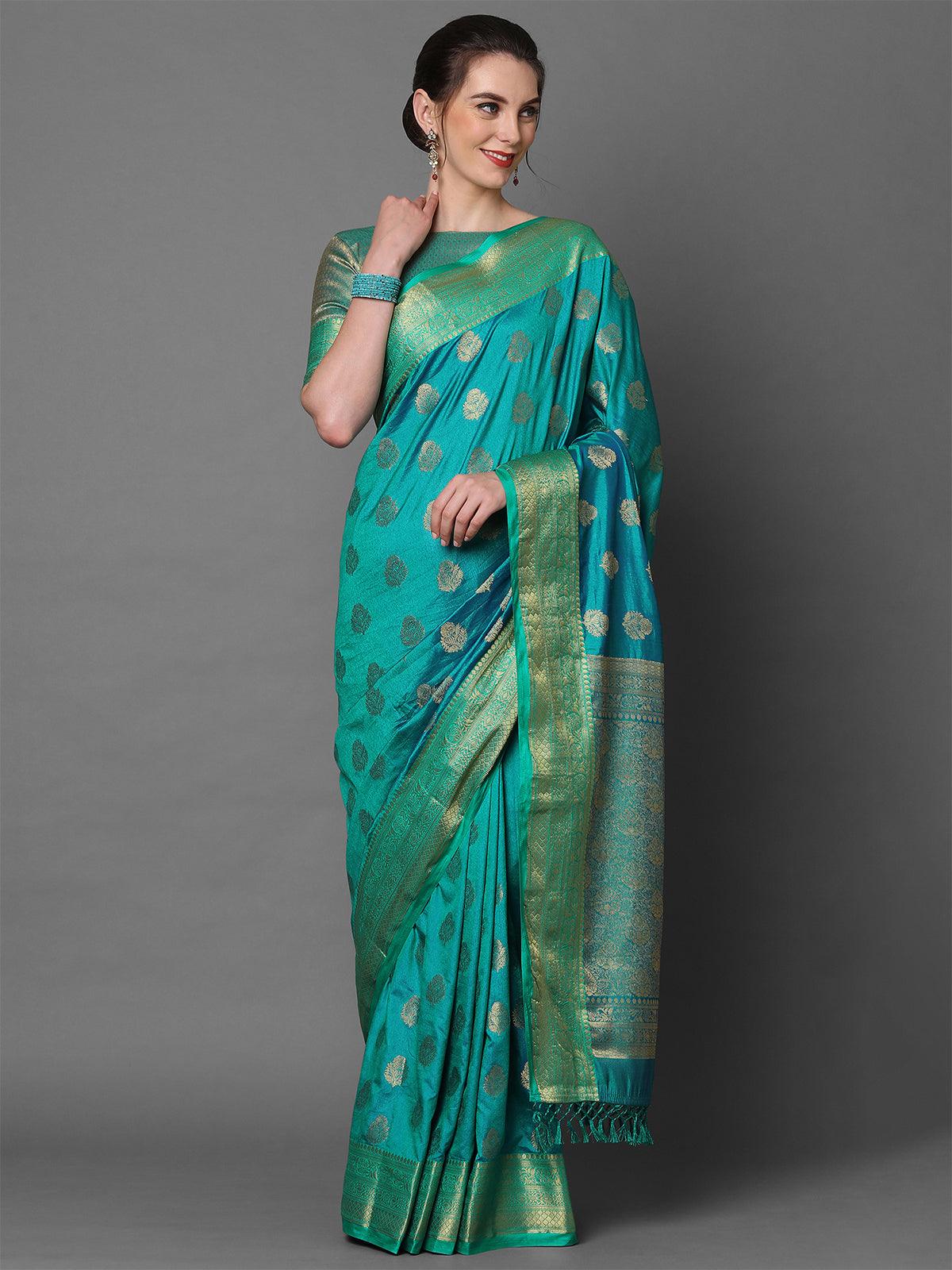 Teal Blue Party Wear Silk Blend Woven Design Saree With Unstitched Blouse - Odette
