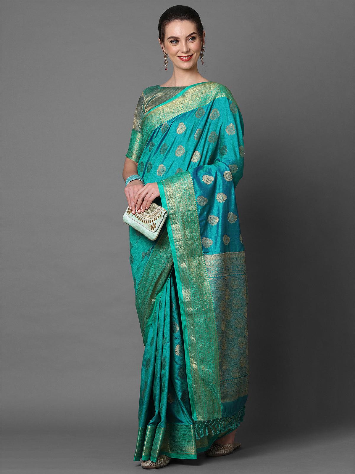 Teal Blue Party Wear Silk Blend Woven Design Saree With Unstitched Blouse - Odette