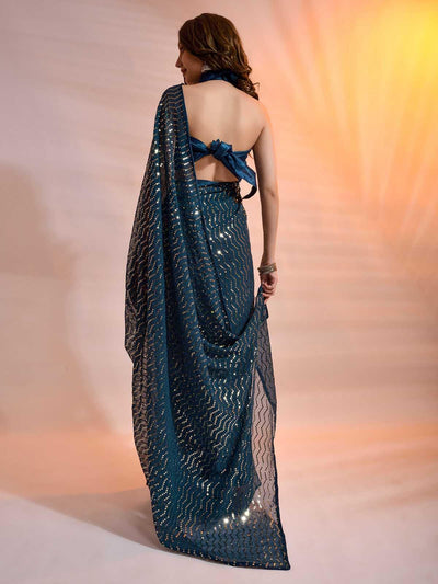 Teal Georgette Sequence Saree With Blouse - Odette