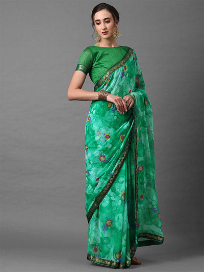 Teal Green Casual Chiffon Printed Saree With Unstitched Blouse - Odette