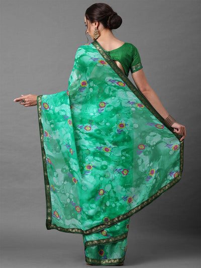 Teal Green Casual Chiffon Printed Saree With Unstitched Blouse - Odette