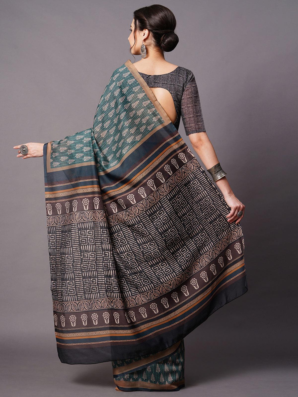 Teal Green Festive Bhagalpuri Silk Printed Saree With Unstitched Blouse - Odette