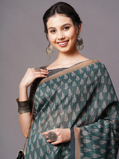 Teal Green Festive Bhagalpuri Silk Printed Saree With Unstitched Blouse - Odette