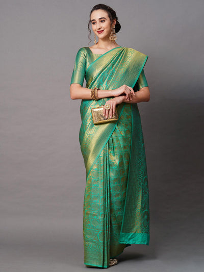 Teal Green Festive Silk Blend Woven Design Saree With Unstitched Blouse - Odette
