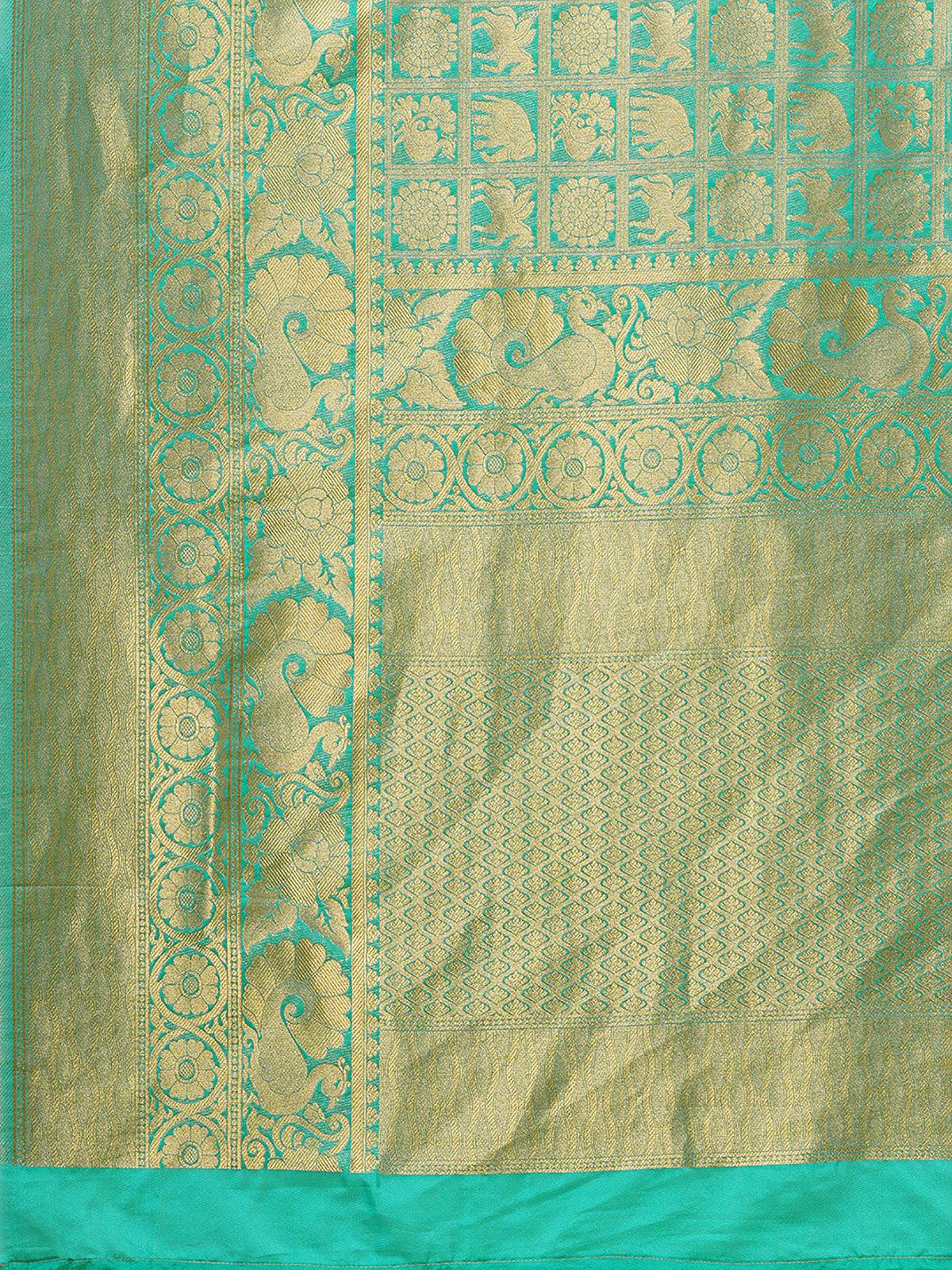 Teal Green Festive Silk Blend Woven Design Saree With Unstitched Blouse - Odette