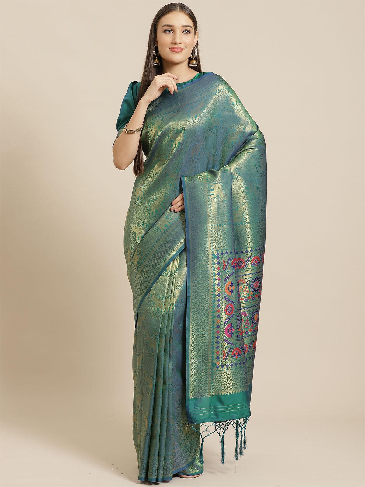 Teal Green Festive Silk Blend Woven Saree With Unstitched Blouse - Odette