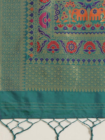 Teal Green Festive Silk Blend Woven Saree With Unstitched Blouse - Odette