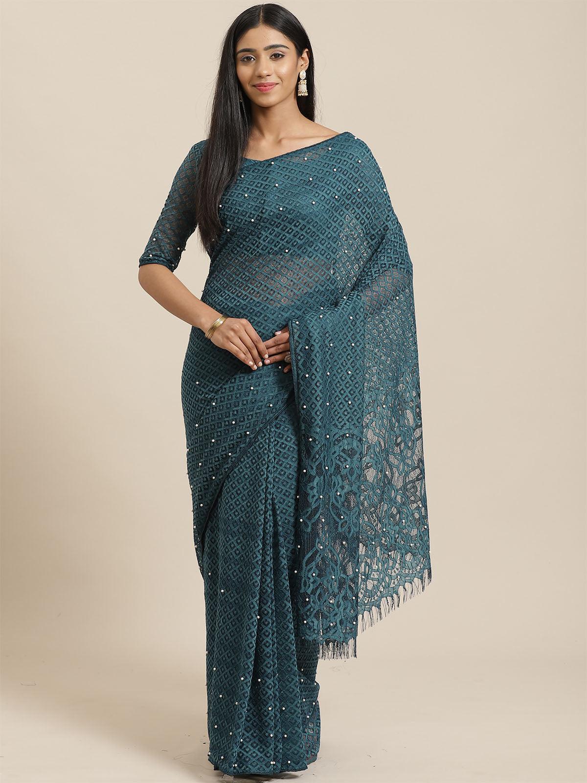 Teal Green Party Wear Net(Super Net) Solid Saree With Unstitched Blouse - Odette