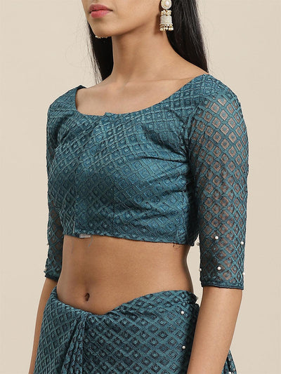 Teal Green Party Wear Net(Super Net) Solid Saree With Unstitched Blouse - Odette