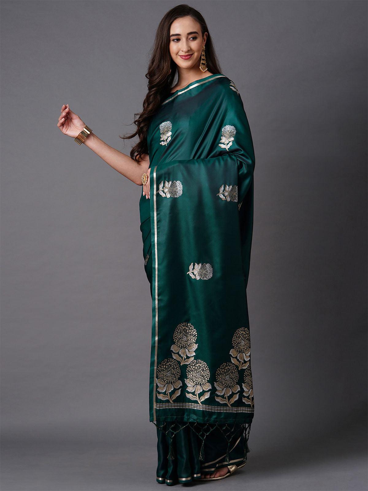 Teal Green Party Wear Silk Blend Woven Design Saree With Unstitched Blouse - Odette