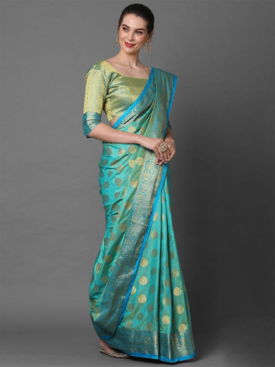 Teal Green Party Wear Silk Blend Woven Design Saree With Unstitched Blouse - Odette