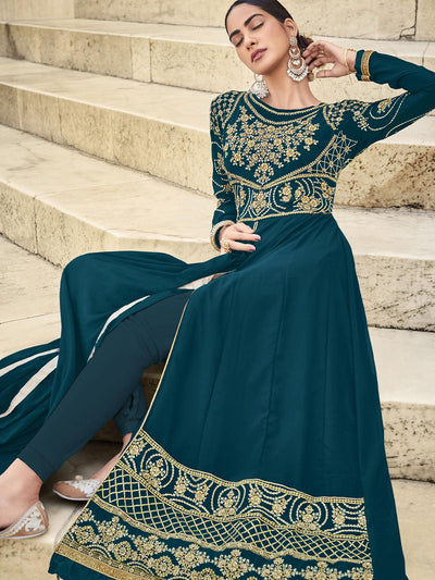 Teal Green Unstitched Embroidered Dress Material With Dupatta - Odette