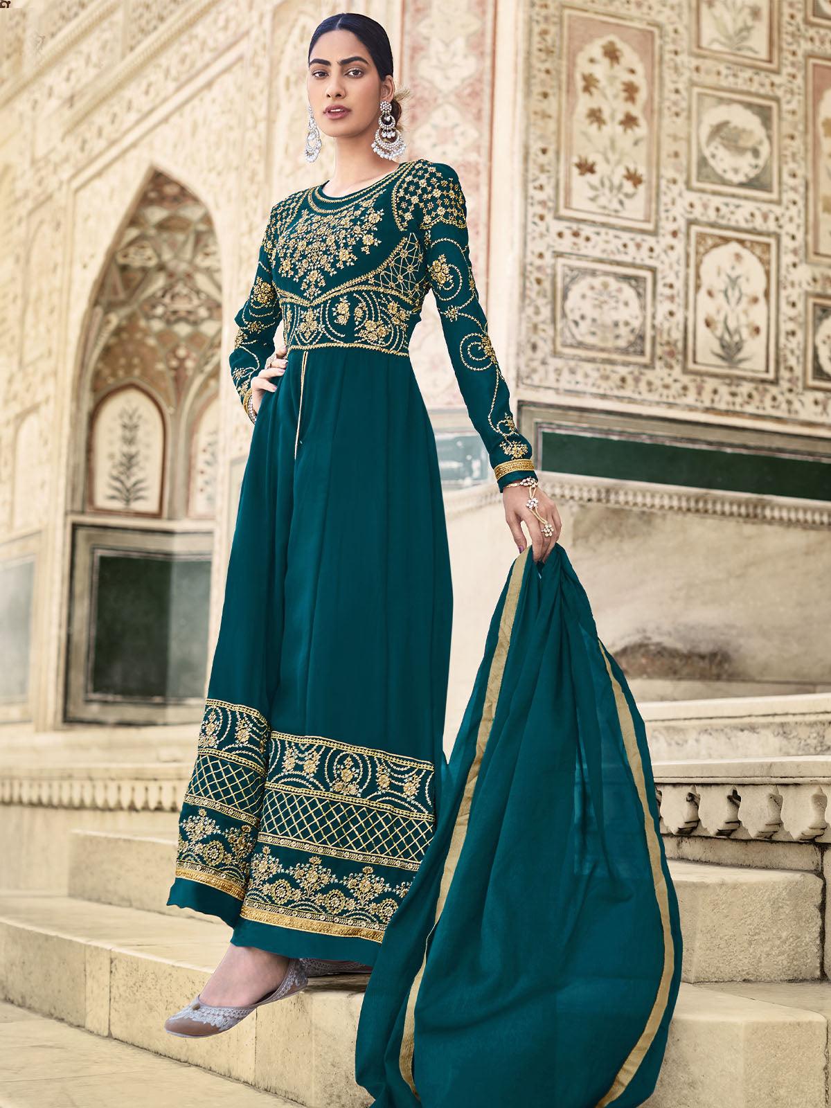 Teal Green Unstitched Embroidered Dress Material With Dupatta - Odette