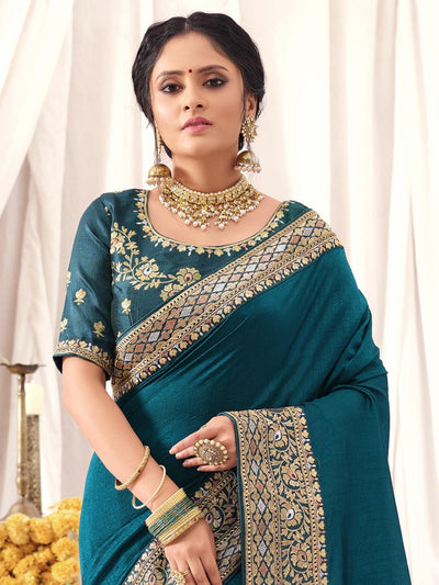 Teal Vichitra Silk Solid Saree With Blouse Piece - Odette