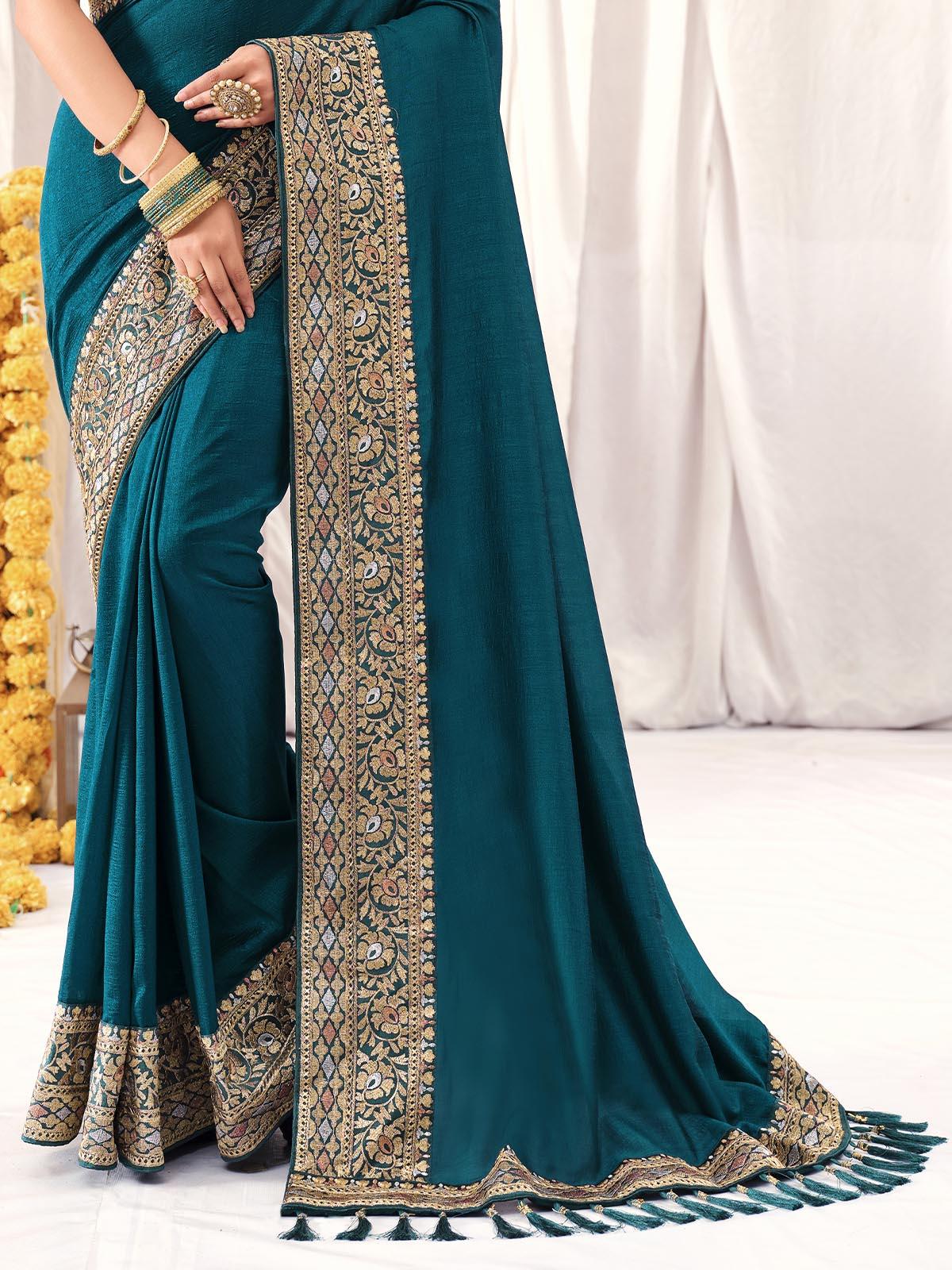 Teal Vichitra Silk Solid Saree With Blouse Piece - Odette