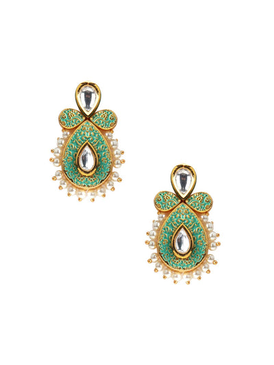 Tinted Soothing Green Kundan-Pearl Ethnic Earrings - Odette