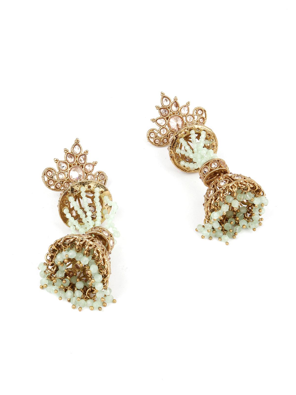 Traditional 2 layered Golden and Green Beaded Earring - Odette