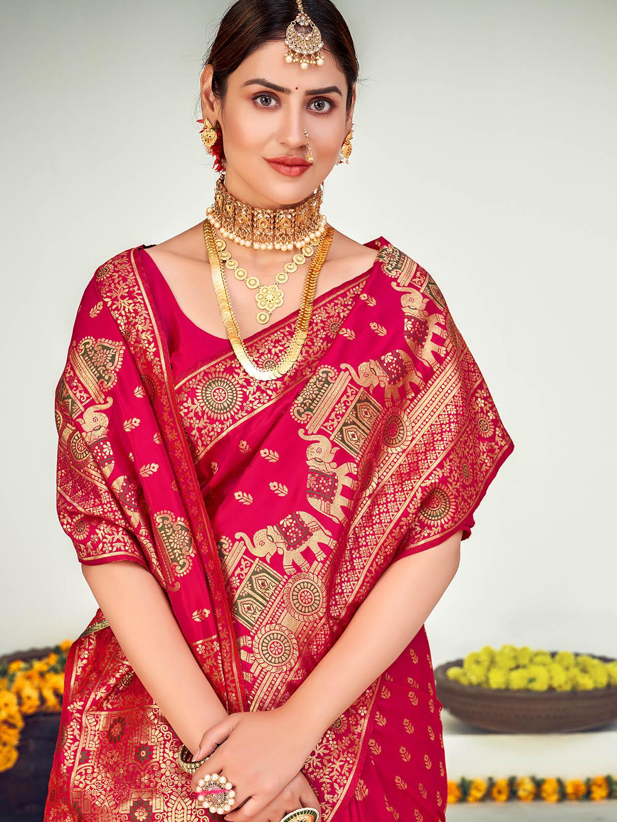 Traditional Dark Pink Banarasi Silk Saree - Odette