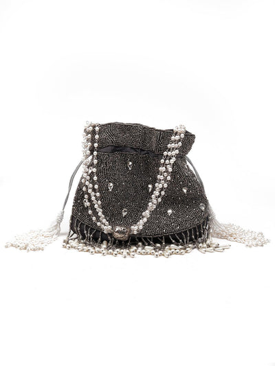 TRADITIONAL EMBELLISHED GREY POTLI BAG - Odette