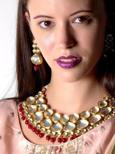Traditional heavy semiprecious kundan & enameled necklace with earrings! - Odette