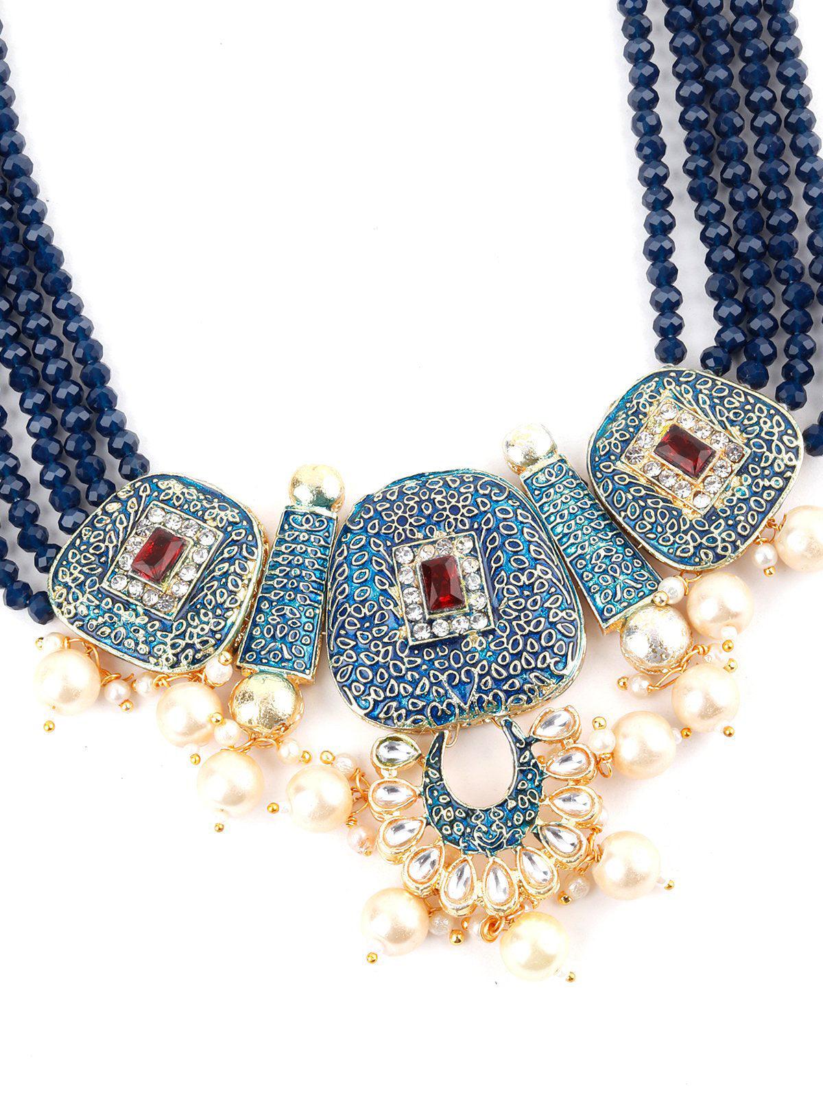 Traditional Multi-strand Blue Pearl Necklace Set - Odette