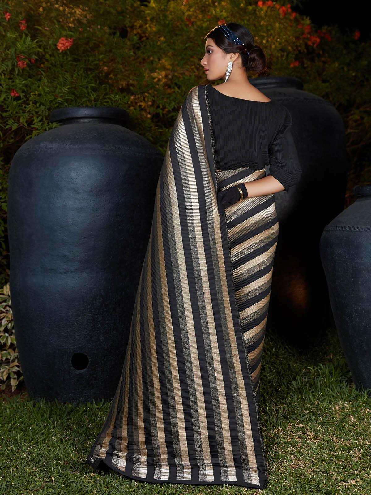 Trendy Black Pleated Silk Saree - Odette