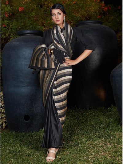 Trendy Black Pleated Silk Saree - Odette