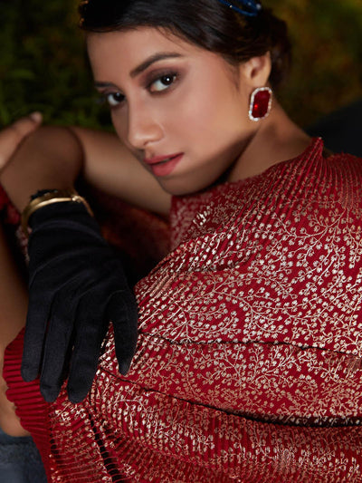 Trendy Maroon Pleated Silk Saree - Odette