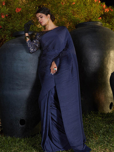 Trendy Navy Blue Pleated Silk Saree - Odette