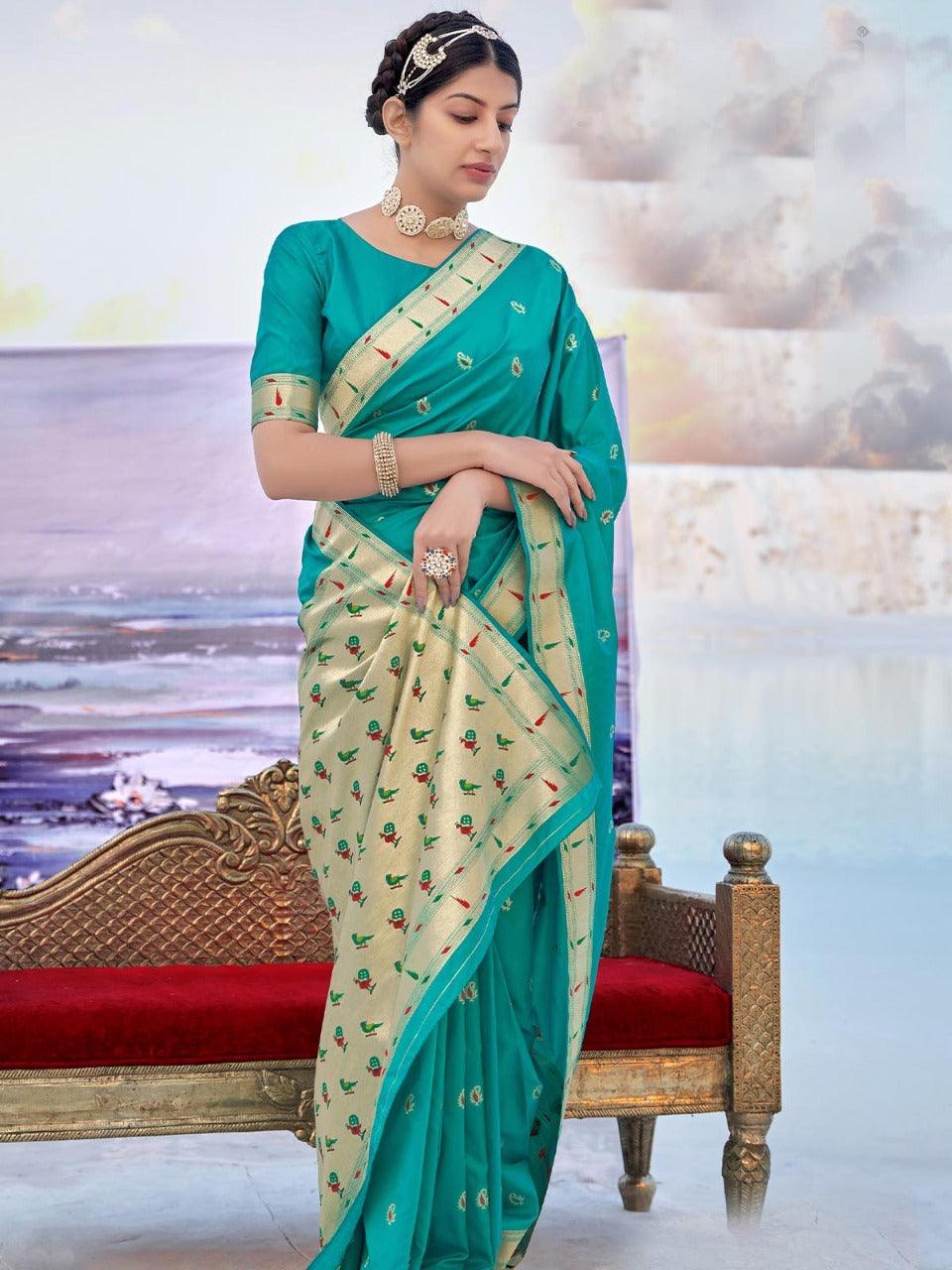 Turquoise Blue Banarasi Soft Silk Woven Design Saree With Blouse Piece - Odette
